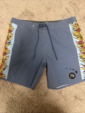 Quiksilver Slate Blue Boardshorts with Yellow Floral Side Panels
